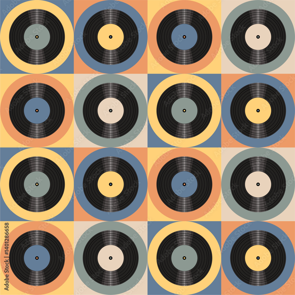 Seamless pattern print wallpaper with vinyl record discs music illustration vector retro style 60s, 70s, 80s, design art background for paper, textile, pack etc.
Seamless pattern print wallpaper with vinyl record discs music illustration vector retro style 60s, 70s, 80s, design art background for paper, textile, pack etc.