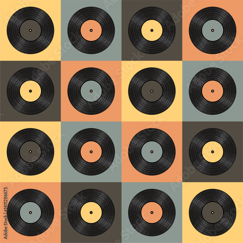 Seamless pattern print wallpaper with vinyl record discs music illustration vector retro style 60s, 70s, 80s, design art background for paper, textile, pack etc.	
