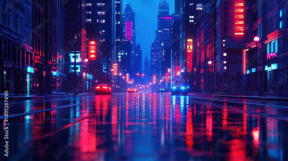 Fototapeta premium A vibrant, rainy urban scene at night, illuminated by colorful neon lights reflecting on wet streets.