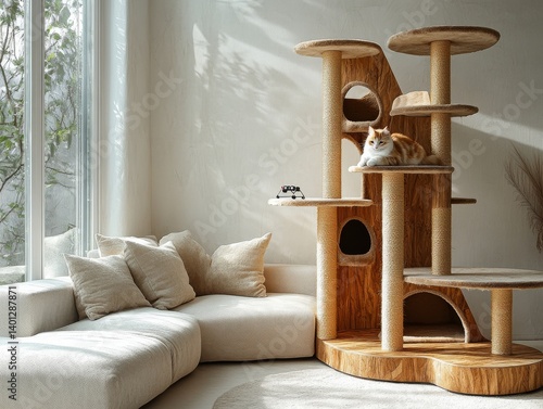 Elegant Cat Comfort: A Modern Interior Featuring a Stylish Cat Tree and a Relaxing Ginger Cat near a Beige Sofa with Soft Pillows.
