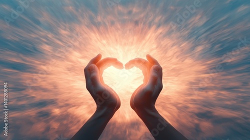 A pair of hands forms a heart shape, surrounded by a radiant burst of light, symbolizing love, hope, and connection.