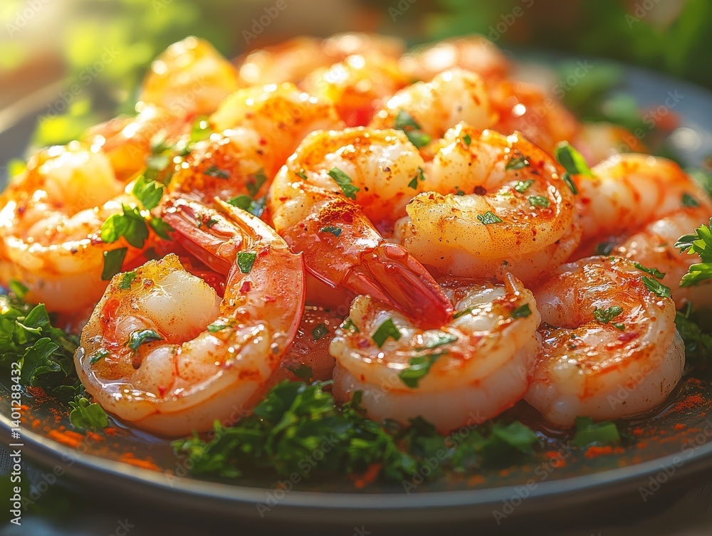 Plateful of Delicious Garlic Shrimp Sautéed and Sprinkled with Fresh Herbs, Garnished with Chopped Parsley on a Bed of Greens – A Mouthwatering Seafood Delight Plateful of Delicious Garlic Shrimp Sautéed and Sprinkled with Fresh Herbs, Garnished with Chopped Parsley on a Bed of Greens – A Mouthwatering Seafood Delight