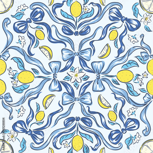 Seamless pattern of ribbon and  Lemons hand drawn digital vector painted, designed for fabric, paper, and so on. The EPS file is vector and can be edited for layout and color
