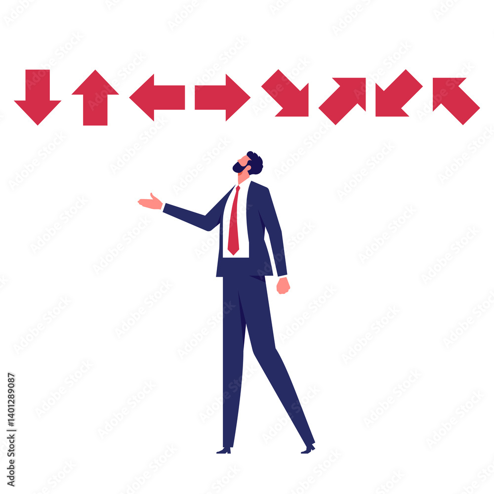 Businessman choose career path, make life decision choice, decide the right or wrong direction, confusion or thinking to find the way concep Businessman choose career path, make life decision choice, decide the right or wrong direction, confusion or thinking to find the way concep
