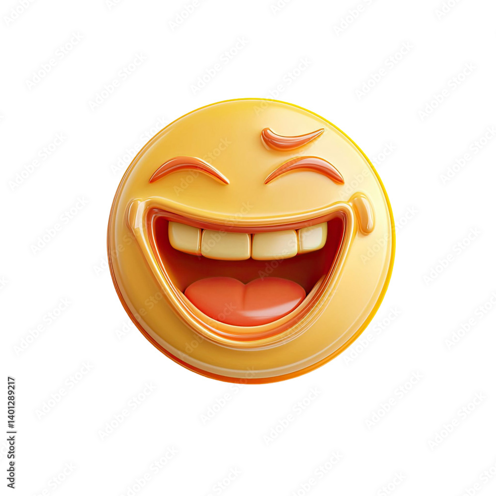 Fototapeta premium Smiling yellow emoji with open mouth showing teeth and tongue with transparent background