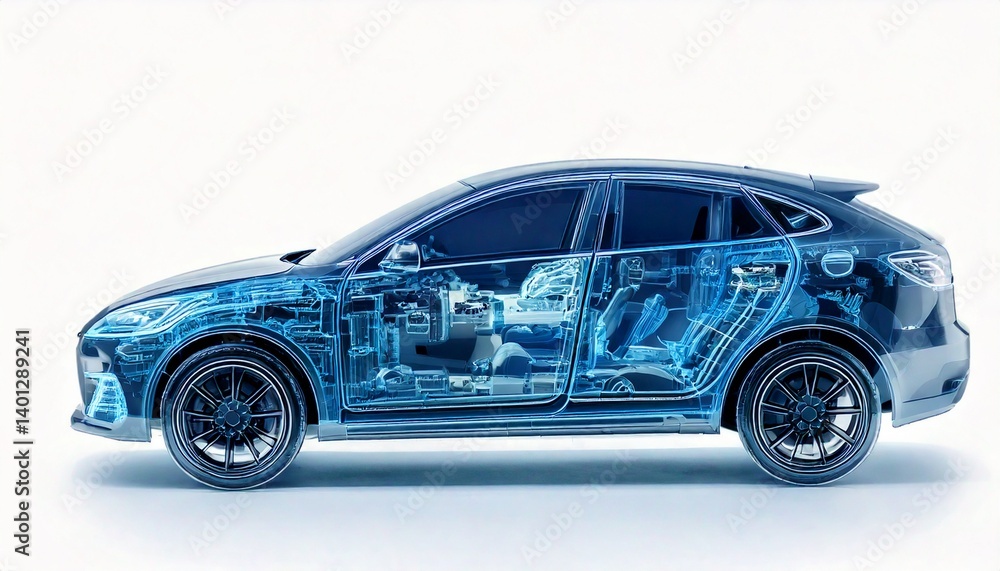 X-Ray style transparent render of a modern hybrid car, side view X-Ray style transparent render of a modern hybrid car, side view