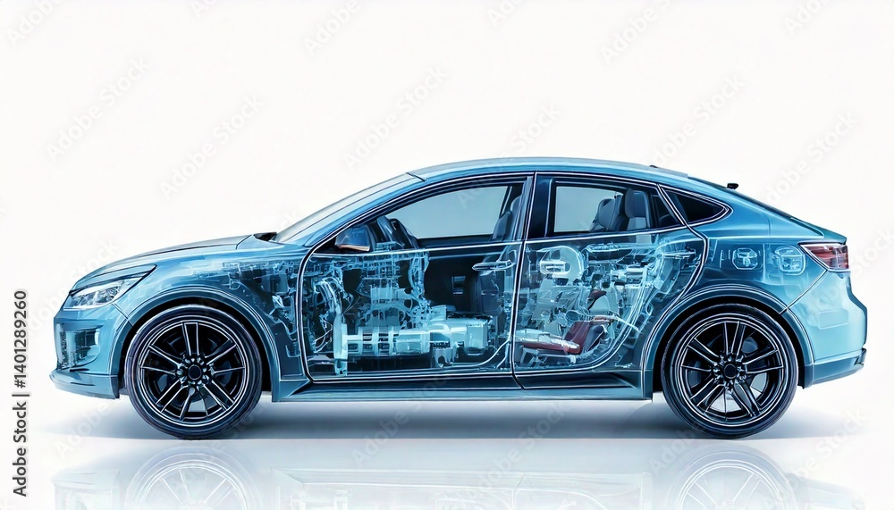 X-Ray style transparent render of a modern hybrid car, side view X-Ray style transparent render of a modern hybrid car, side view
