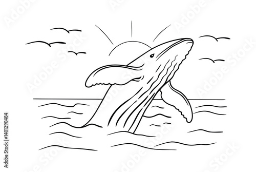 Breaching Whale Line Art With Birds And Ocean Waves Graphic Design