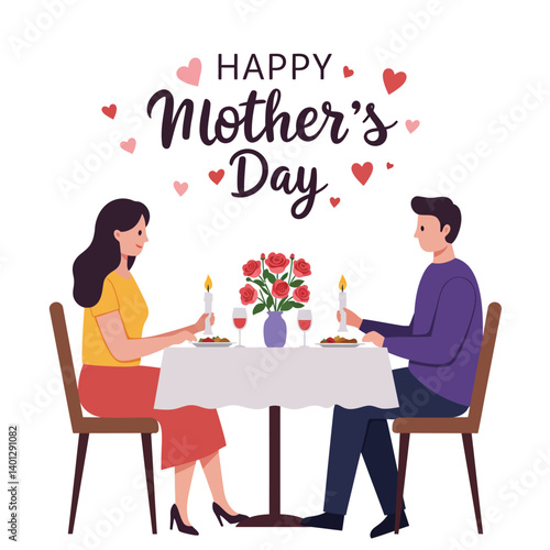Romantic dinner scene for Mothers Day in flat vector art style