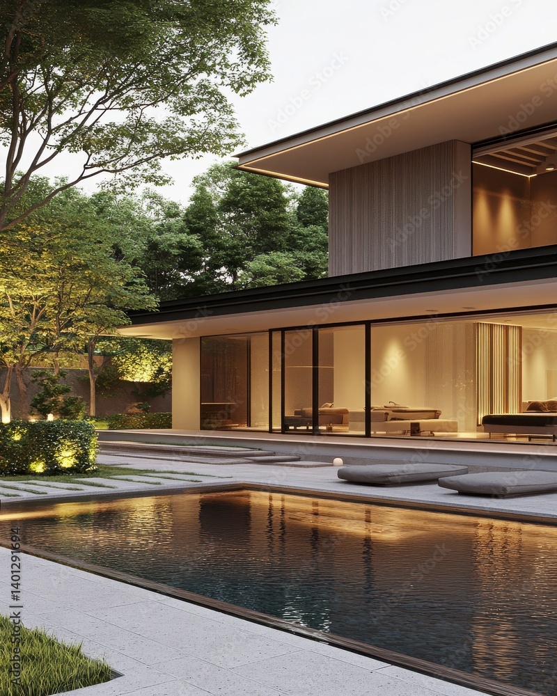 Fototapeta premium Modern House with Reflecting Pool at Dusk