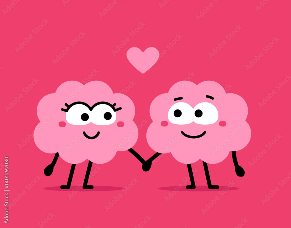 Obraz premium Vector romantic illustration of cute cartoon happy brain character in love hold each other hand on pink color background. Flat doodle style design of smile brain and heart for valentine day banner