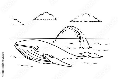 Whale Spouting Water With Clouds In Outline Black And White Style Design