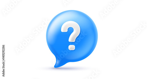 Vector illustration of realistic blue color speech bubble with question mark. 3d cartoon style design of speech bubble with question. Social media symbol of communication and faq icon