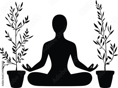 Meditative Pose with Potted Plants Minimalist Black and White Design for Relaxation Branding, Spiritual Themes, and Artistic Projects