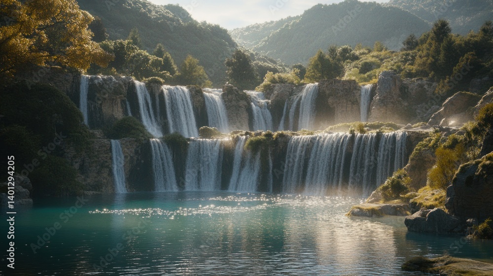 Fototapeta premium The beautiful cascading waterfalls are flowing into a serene blue lake below