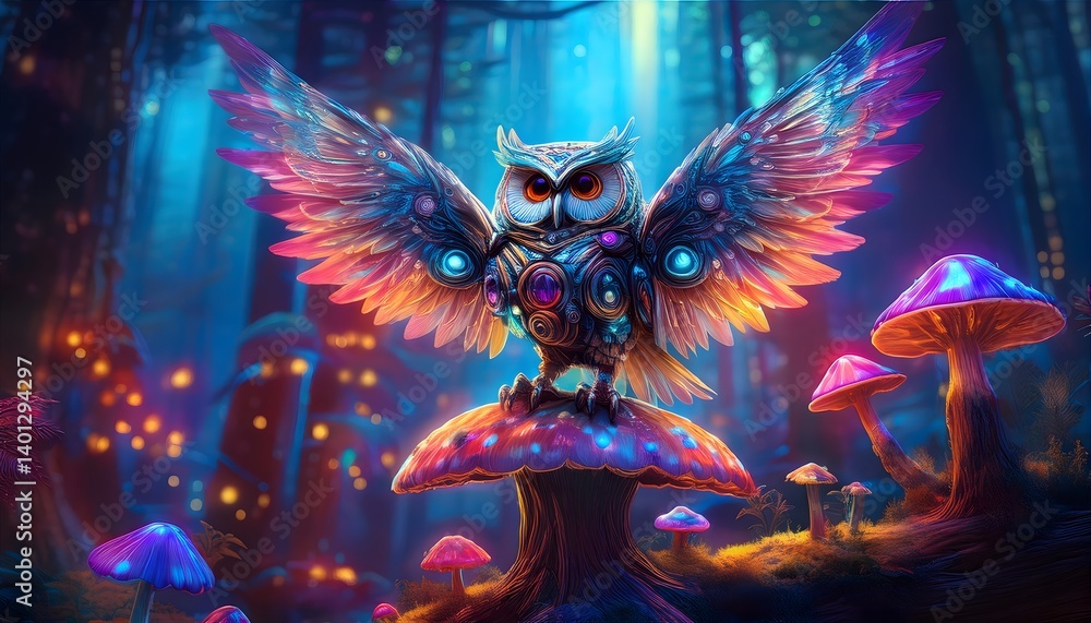 A clockwork owl with stained-glass wings A clockwork owl with stained-glass wings