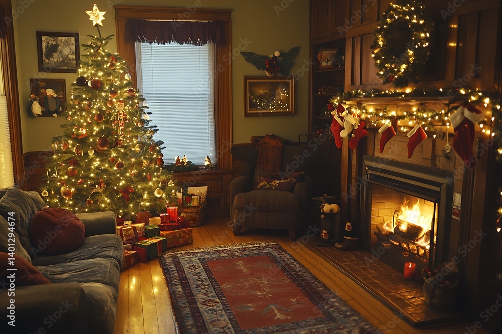 Cozy Christmas Living Room with a Decorated Tree and Festive Atmosphere. Cozy Christmas Living Room with a Decorated Tree and Festive Atmosphere.