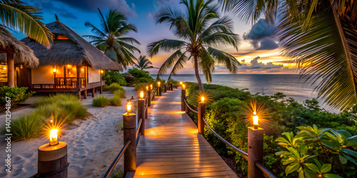 Tiki torch pathway leading to a private beachfront villa
