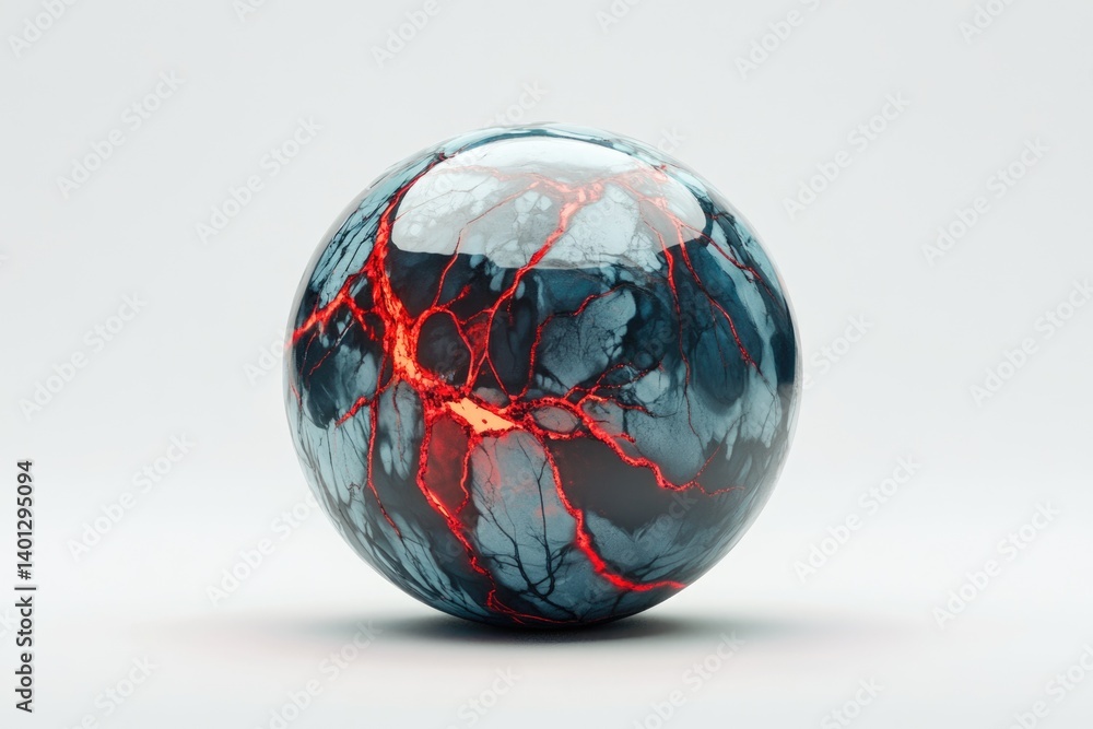 A glossy sphere with a cracked surface, revealing glowing red veins within a dark teal marbled texture. A glossy sphere with a cracked surface, revealing glowing red veins within a dark teal marbled texture.
