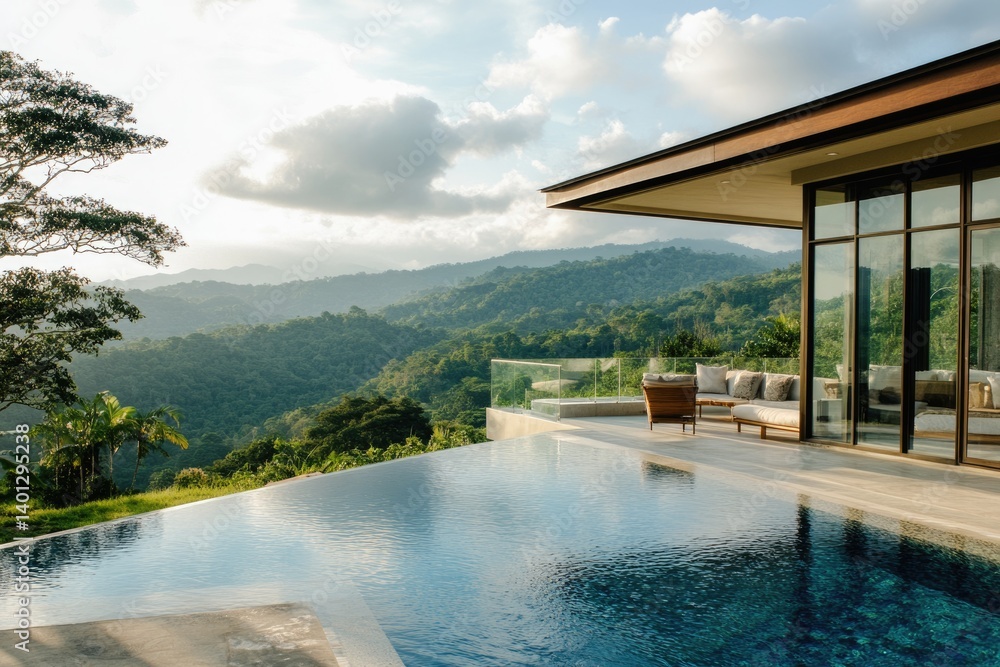 Fototapeta premium Luxury villa with infinity pool overlooking lush green mountains, offering breathtaking views and tranquil ambiance.
