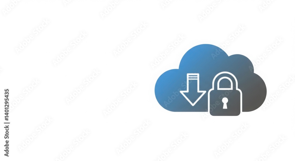 Cloud with download arrow and padlock icon on white background Cloud with download arrow and padlock icon on white background