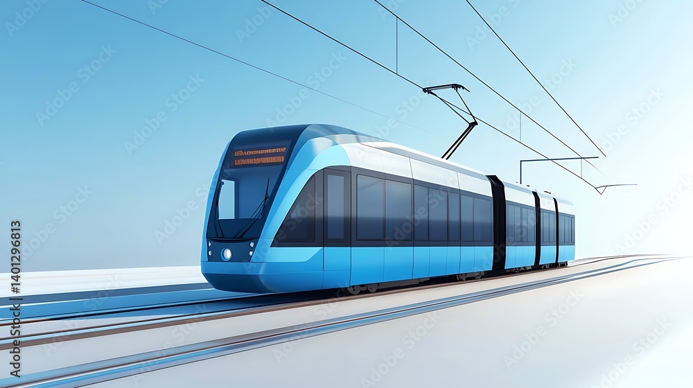 Fototapeta premium Modern light rail train on tracks in a light blue landscape