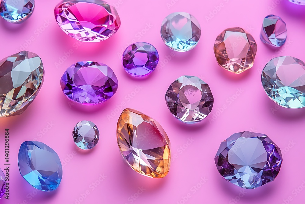A collection of large, shiny gems scattered across an isolated pastel background, ready for a promotional design or creative use A collection of large, shiny gems scattered across an isolated pastel background, ready for a promotional design or creative use