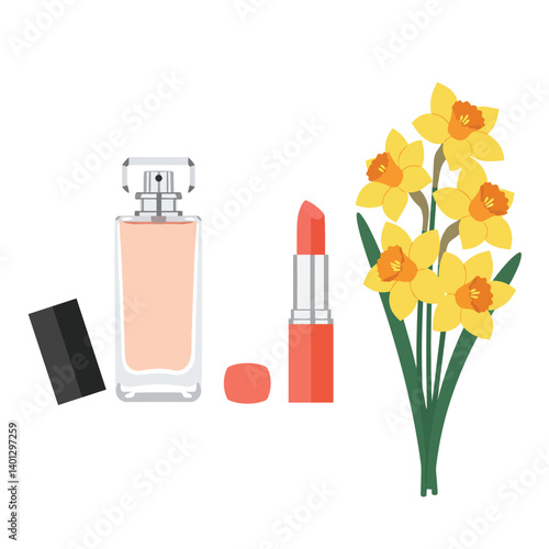 Makeup products and flowers arranged in a flat and minimal vector illustration