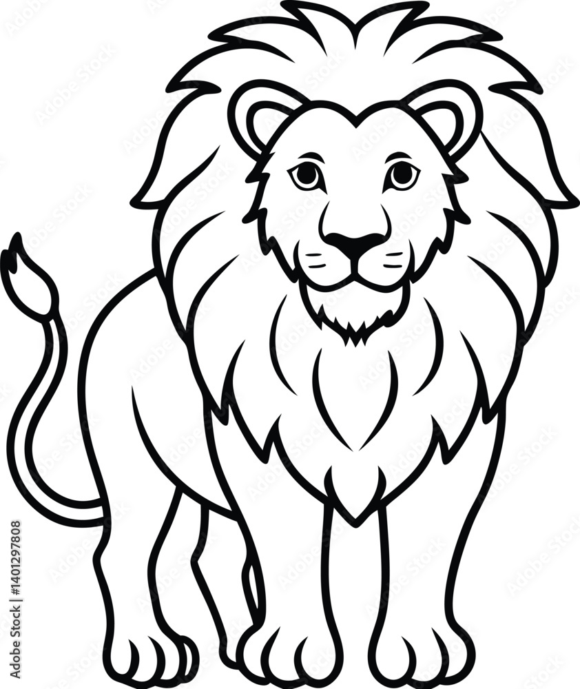 Black and White Illustration of a Standing Lion with Detailed Mane Black and White Illustration of a Standing Lion with Detailed Mane