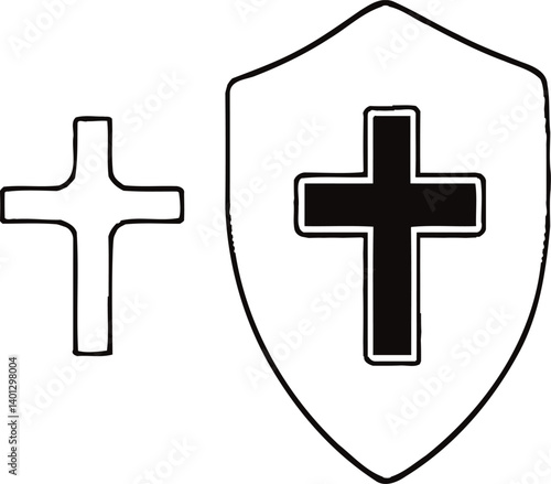 Black Silhouette of a Shield with a Bold Cross in the Center, Positioned Next to a Simple Outline of a Cross