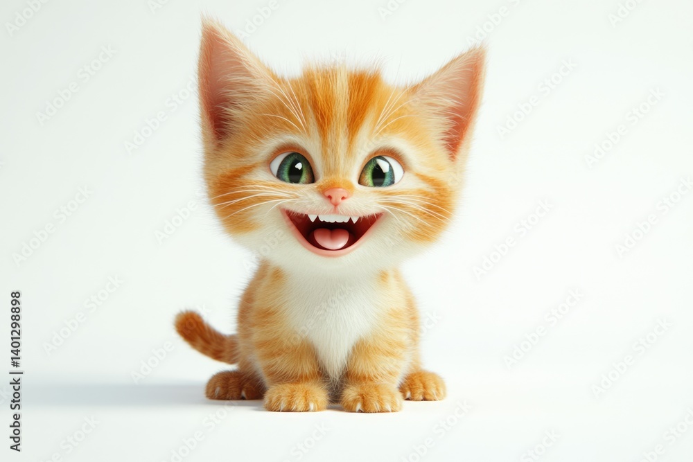 Fototapeta premium An adorable, orange kitten with big, expressive eyes and a wide, happy grin sits against a white background.