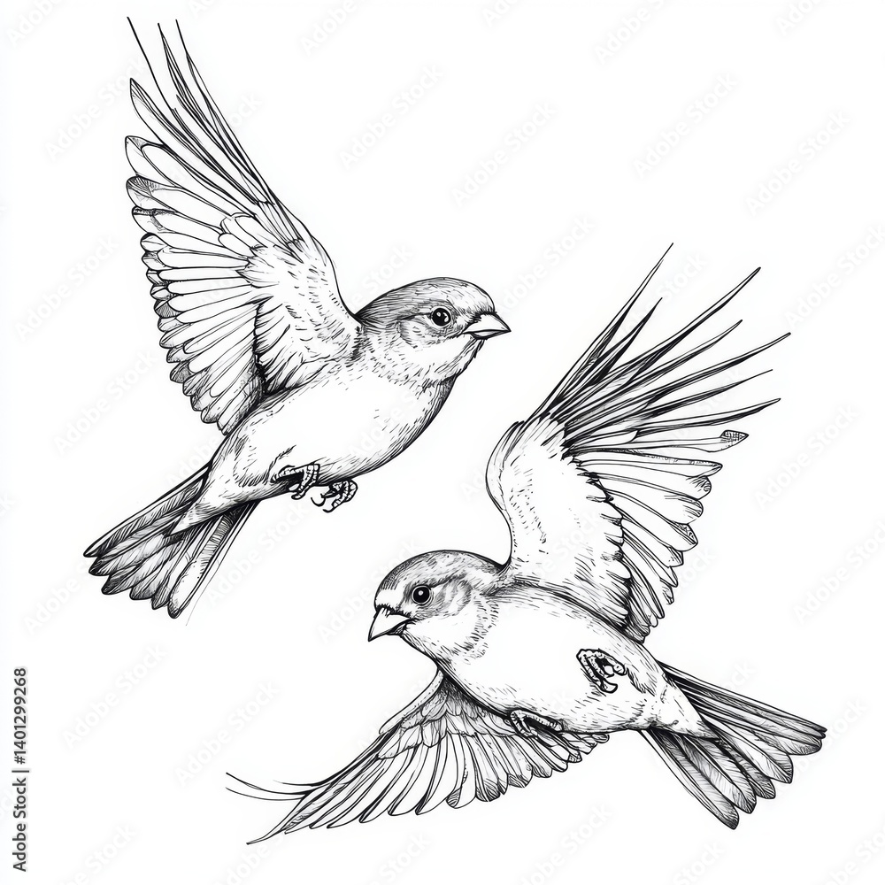 Fototapeta premium Two Elegant Drawings of Birds in Flight with Detailed Feathers and Expressive Postures for Artistic and Nature Themes