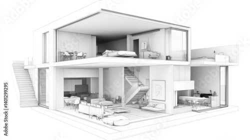 Modern Minimalist House 3D Rendering White Monochrome Interior Design