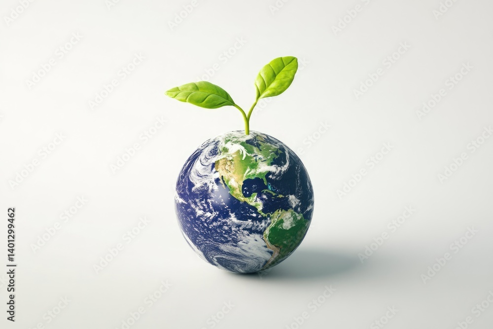 A small plant sprout emerges from a globe representing Earth, symbolizing growth and environmental sustainability. A small plant sprout emerges from a globe representing Earth, symbolizing growth and environmental sustainability.