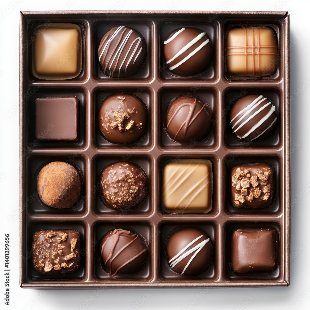 White background showcasing chocolate box, bar, square, and truffle piece. White background showcasing chocolate box, bar, square, and truffle piece.
