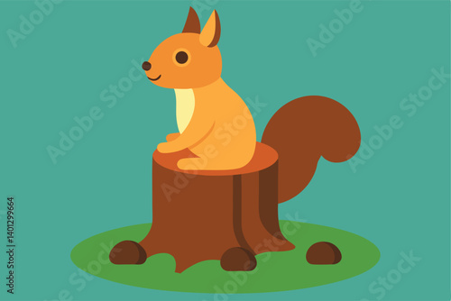 squirrel sitting on tree stump with acorns vector illustration