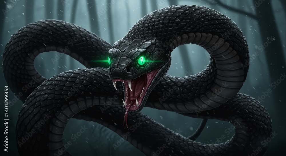 Obraz premium Glowing Eyes Black Serpent in the Woods - A menacing black serpent with glowing green eyes, coiled in a dark forest, symbolizes danger, mystery, power, nature, and the unknown