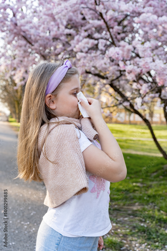 Little girl with allergy symptoms blowing her nose on the background of flowering trees. Rhinitis, cold, allergy concept. Symptoms of pollen allergy. Little girl with allergy symptoms blowing her nose on the background of flowering trees. Rhinitis, cold, allergy concept. Symptoms of pollen allergy.
