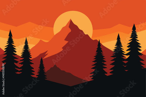 pine trees silhouetted against mountain sunrise vector