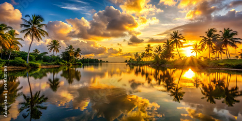 Golden sunrise reflecting over a tropical lagoon