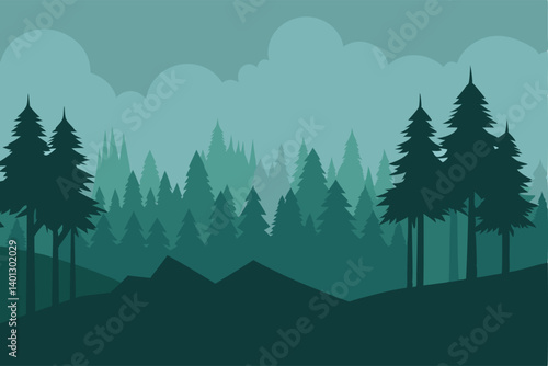 minimal forest scene in silhouette with fog vector