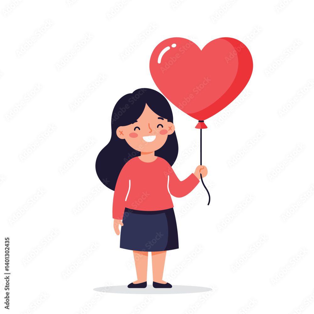 Girl holding a red heart balloon in a flat vector art style Girl holding a red heart balloon in a flat vector art style