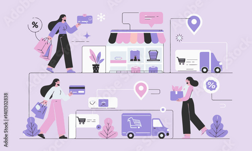 Modern flat vector illustration in pastel tones showing the online shopping process, easily editable.
