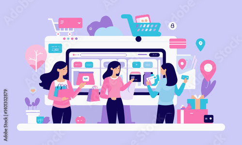 Modern flat vector illustration in pastel tones showing the online shopping process, easily editable.