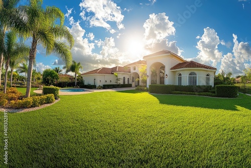 Luxury Mediterranean-style home with pool, lush landscaping, and stunning sunset views.