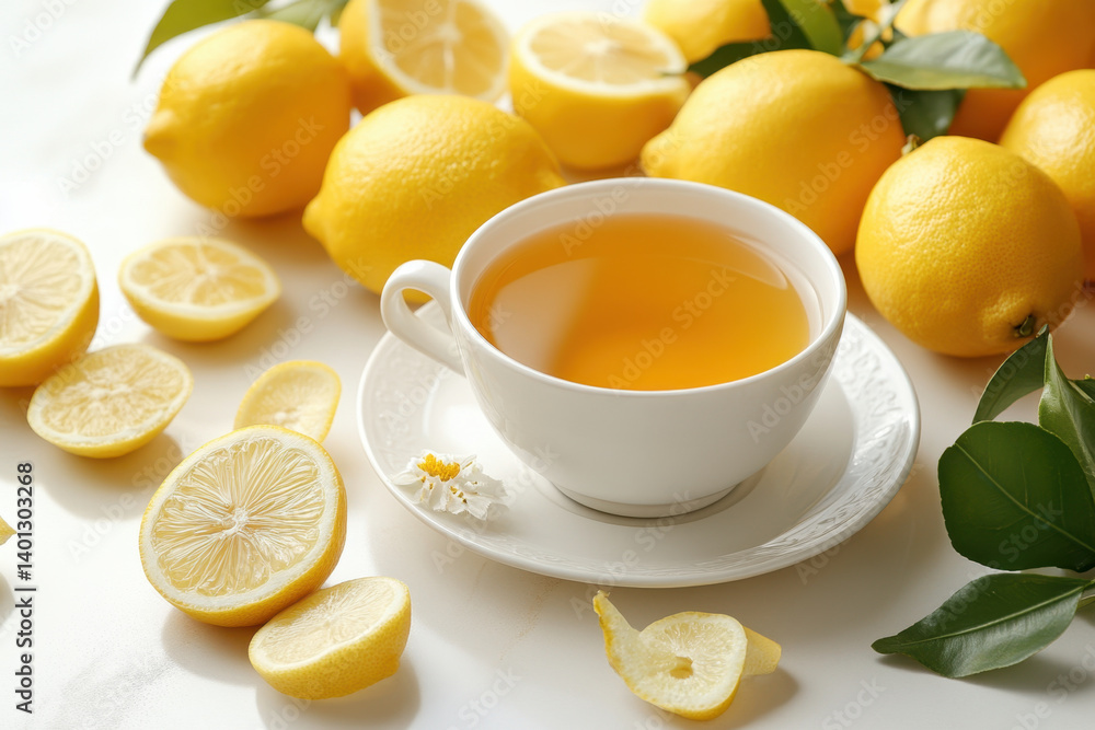 A cup of tea with lemons and leaves. A cup of tea with lemons and leaves.
