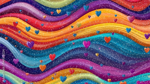 Abstract waves of multicolor stripes interspersed with tiny glittering hearts, creating a seamless love-themed texture with vibrant contrast.
