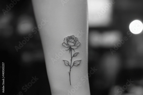 A delicate rose tattoo inked on the inner wrist, with a clean and simple fine-line design, symbolizing elegance and subtle beauty.