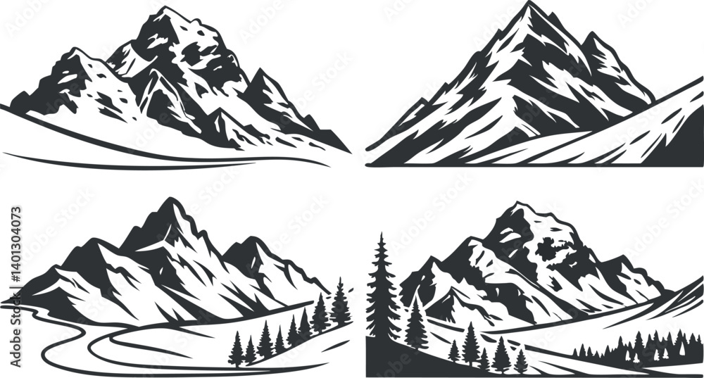 Obraz premium Mountain Silhouette Vector Set – Black and White Mountain Peak Illustrations on White Background