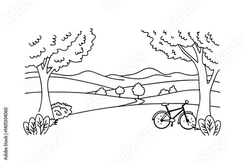 Line Art Illustration Of A Bicycle In A Landscape With Trees And Hills